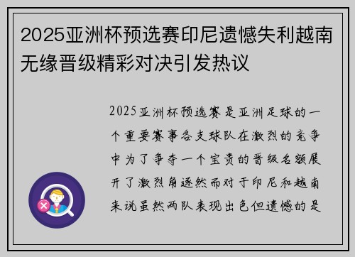 2025亚洲杯预选赛印尼遗憾失利越南无缘晋级精彩对决引发热议